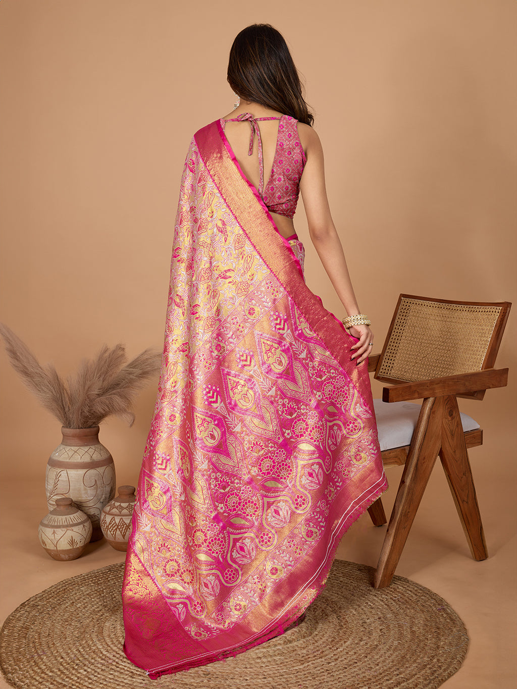 Peach kanjivaram silk saree with zari weaving work