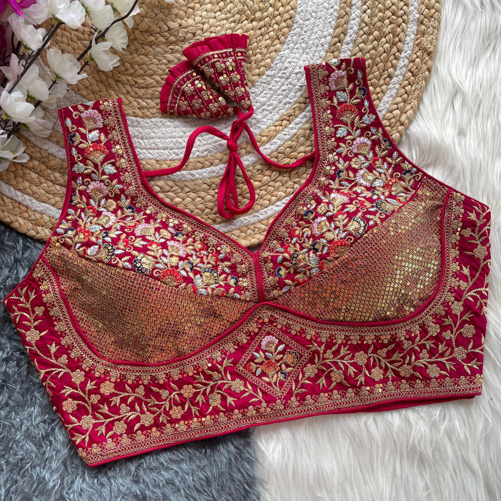 Pink vichitara silk readymade blouse with embroidery & sequence work