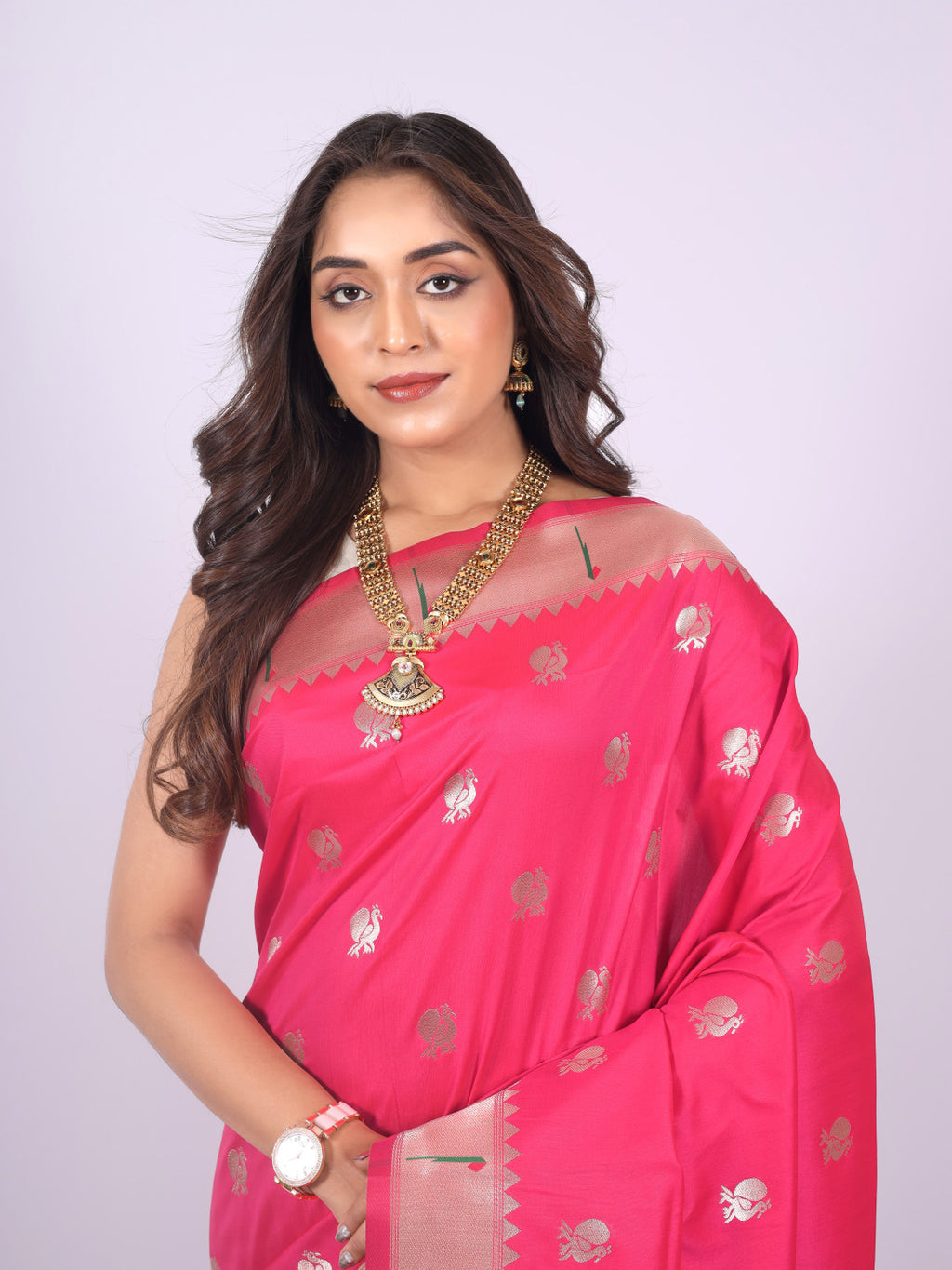 Pink color paithani silk saree with zari weaving work