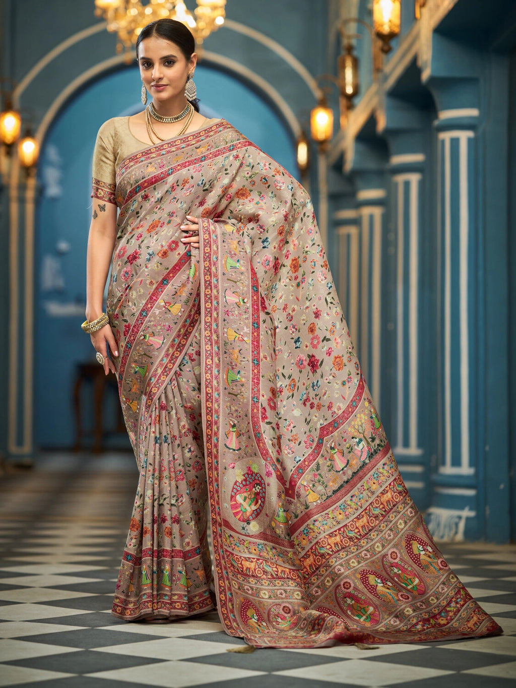 Brown exclusive pure pashmina silk saree with woven design