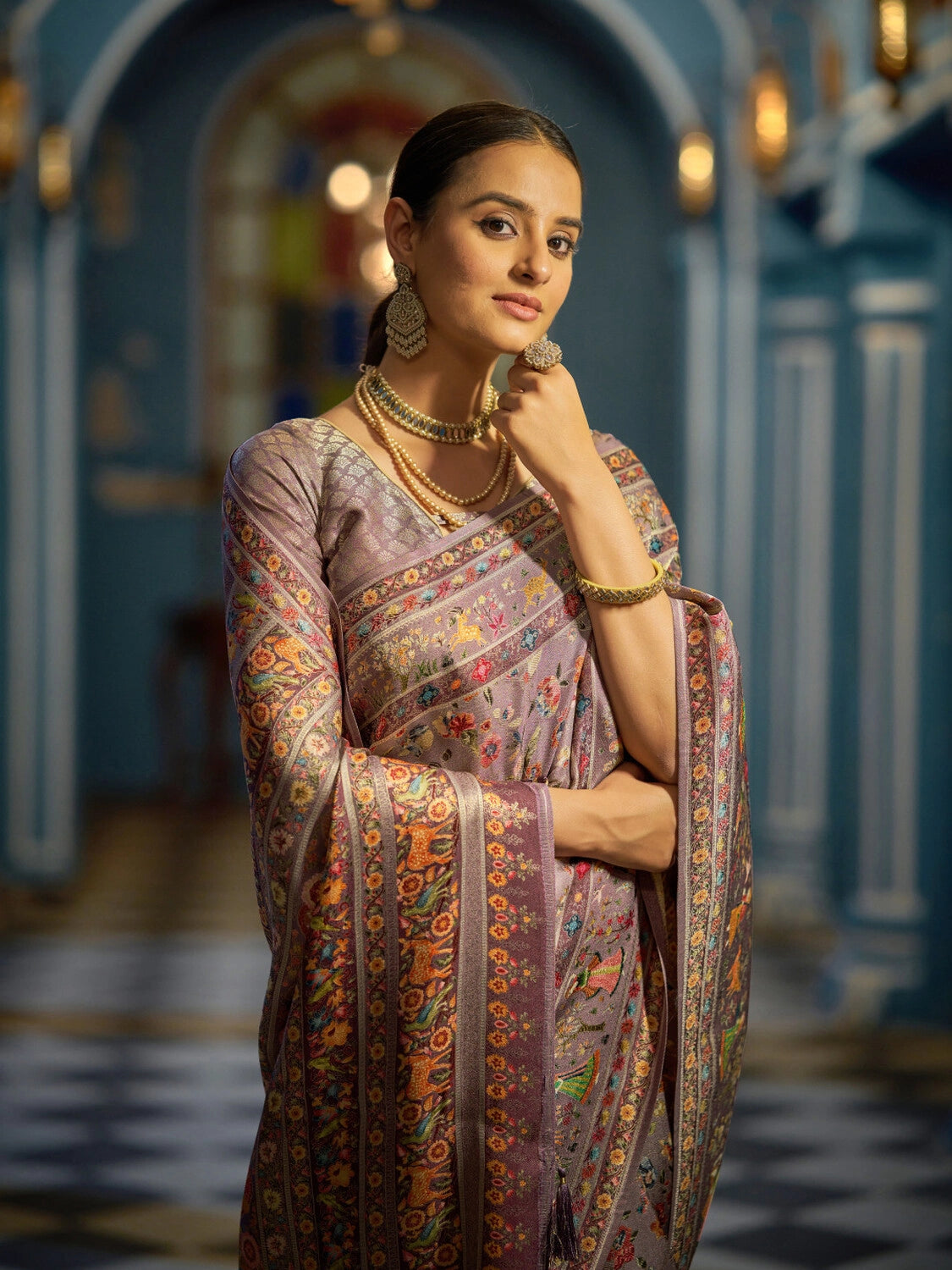 Lavender exclusive pure pashmina silk saree with woven design