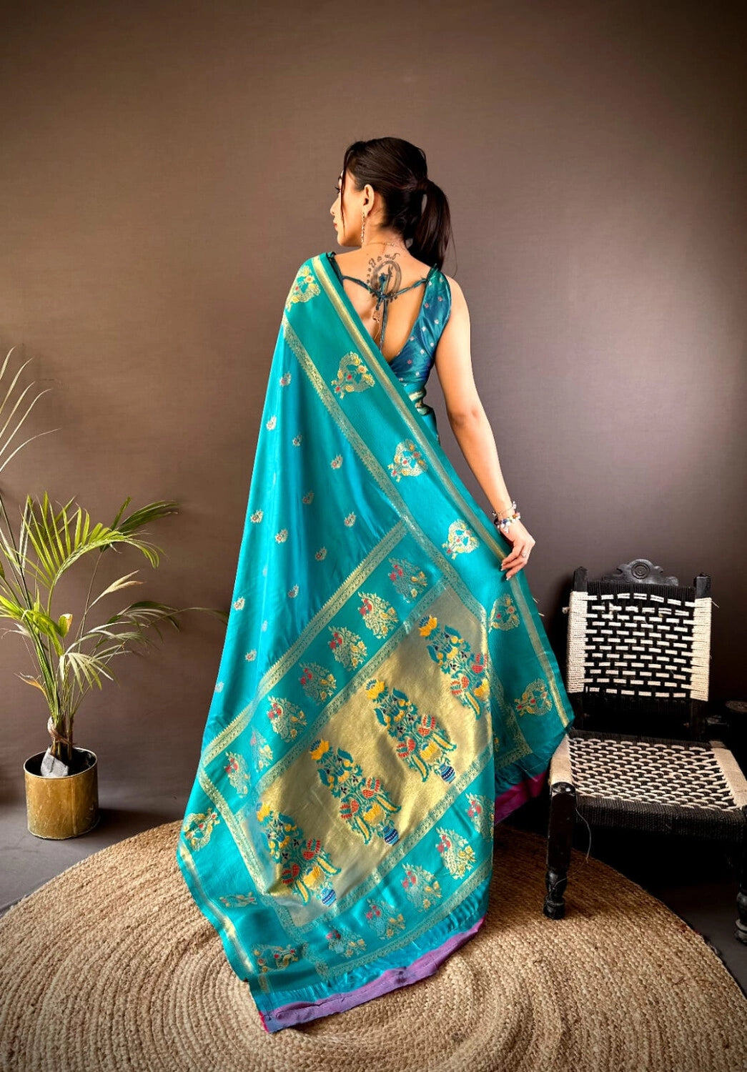 Firoji traditional paithani silk saree with meenakari zari weaving work