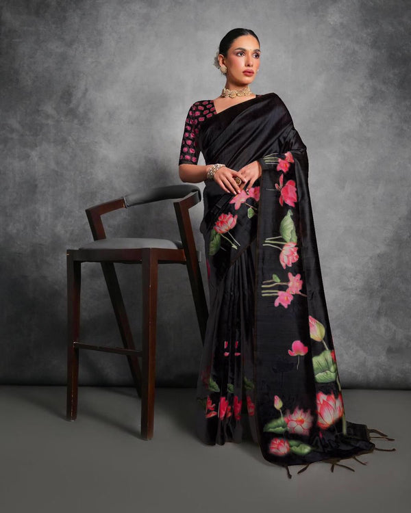 Black color soft tussar silk saree with lotus floral printed work