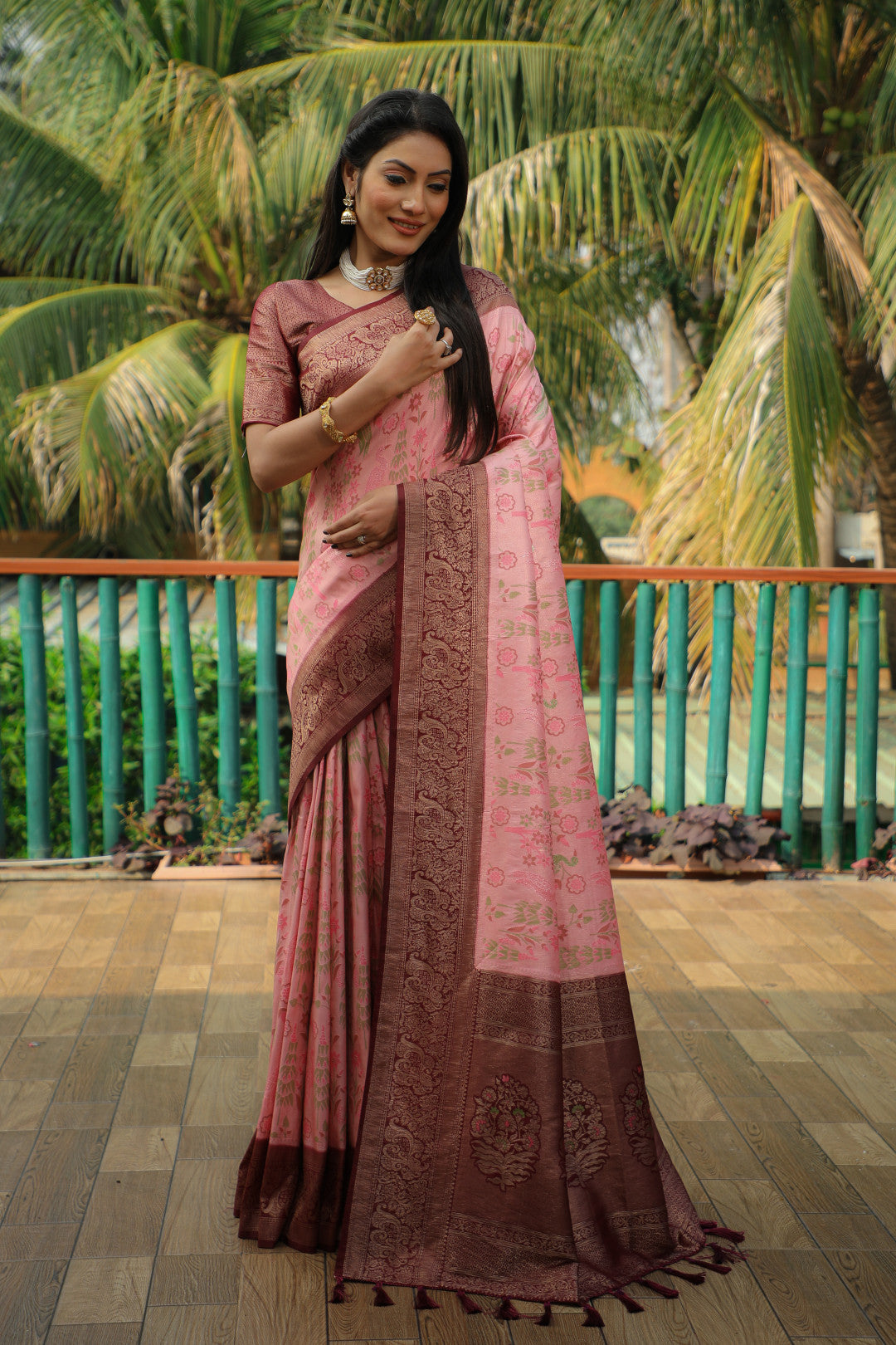 Pink color kanjivaram silk saree with zari weaving work