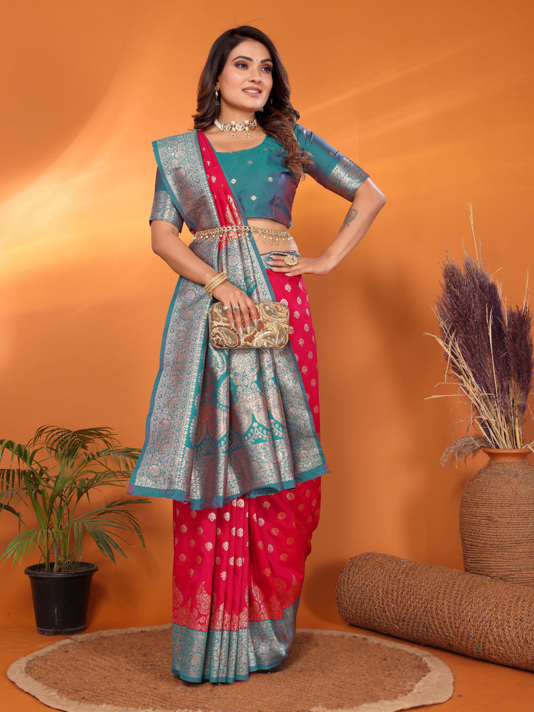 Rani pink traditional banarasi silk saree with zari weaving work