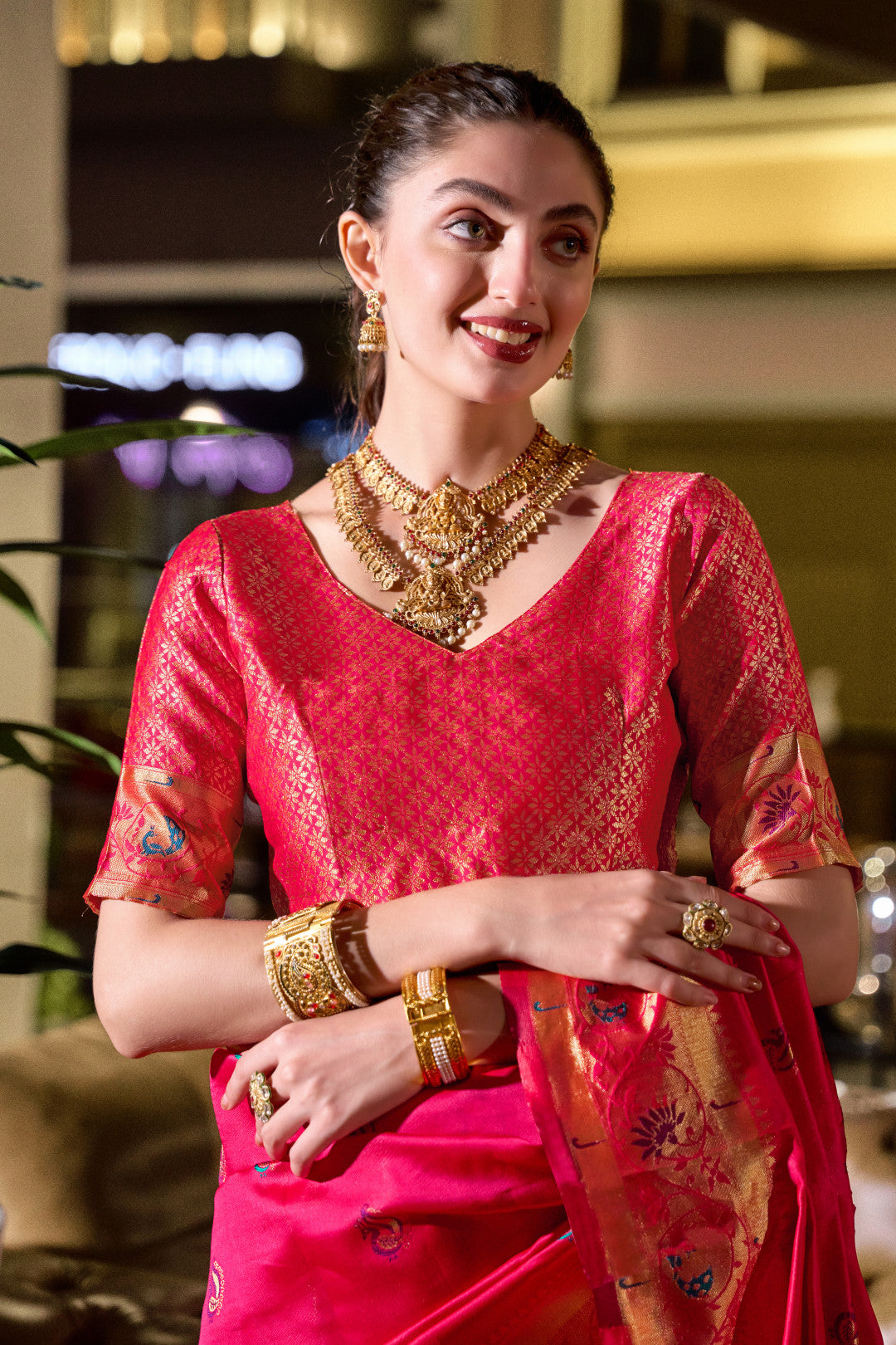 Traditional pink paithani silk saree with zari weaving work