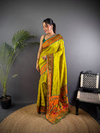 Parrot green colour paithani silk saree with zari weaving work