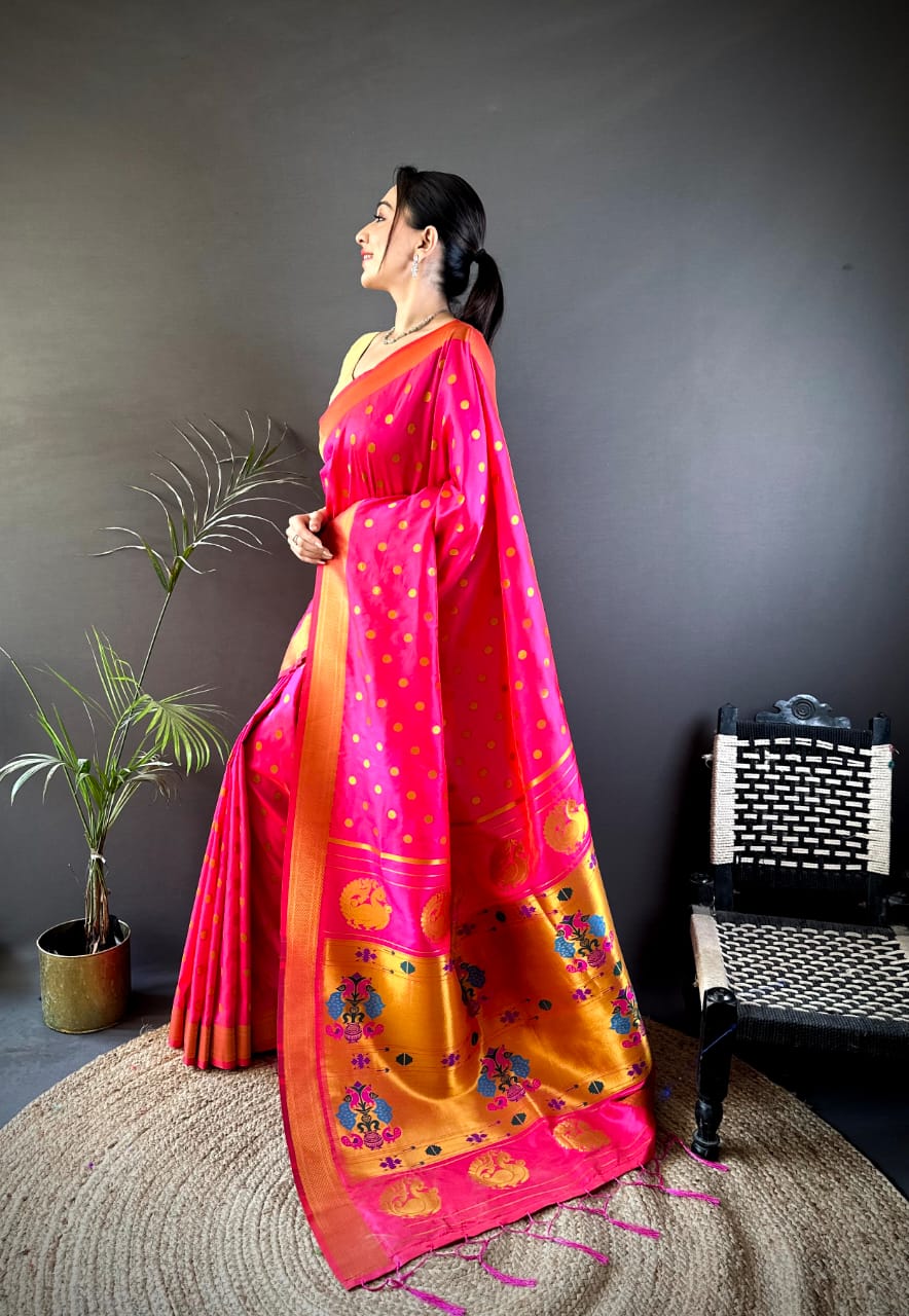 Pink traditional paithani silk saree with zari weaving work