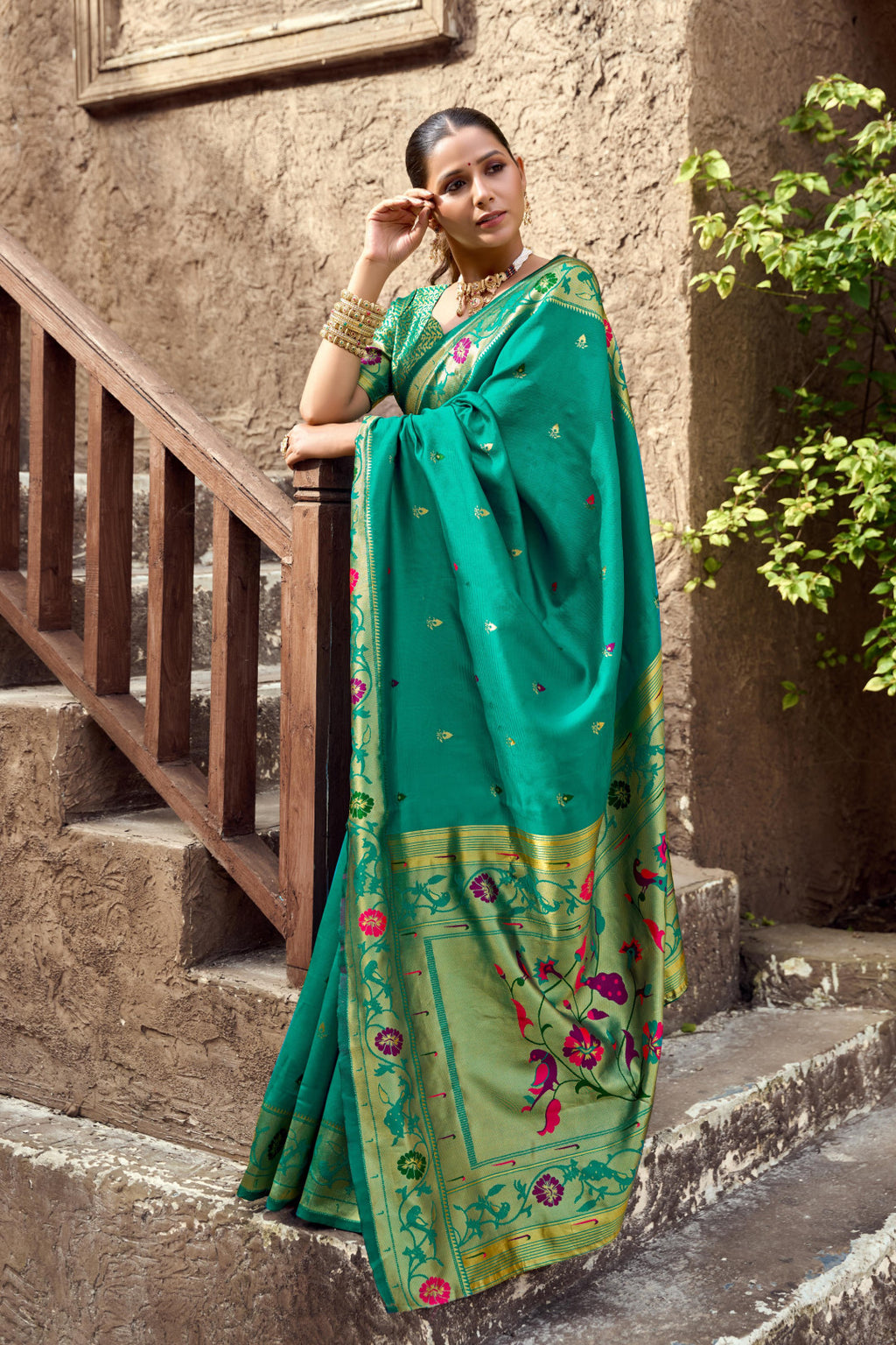 Traditional rama green paithani silk saree with zari weaving work