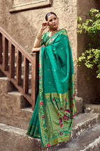 Traditional rama green paithani silk saree with zari weaving work