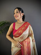 Off white traditional banarasi silk saree with zari weaving work