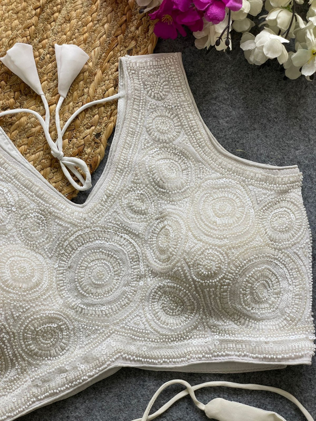 White georgette fancy readymade blouse with handwork with Belt