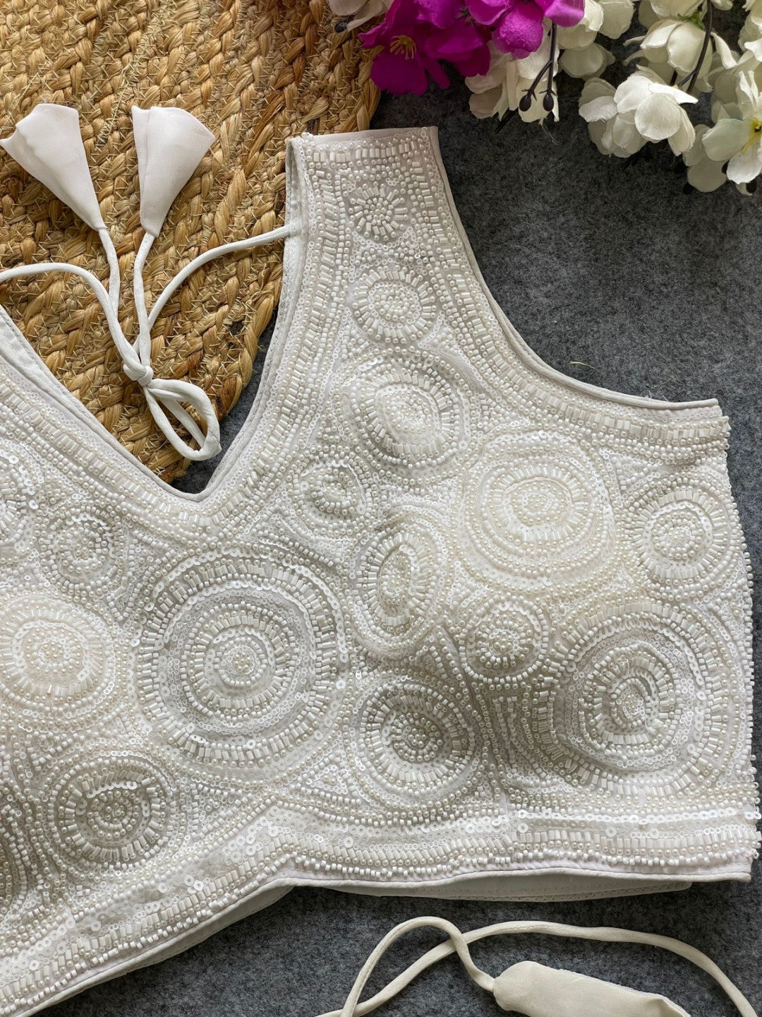 White georgette fancy readymade blouse with handwork with Belt