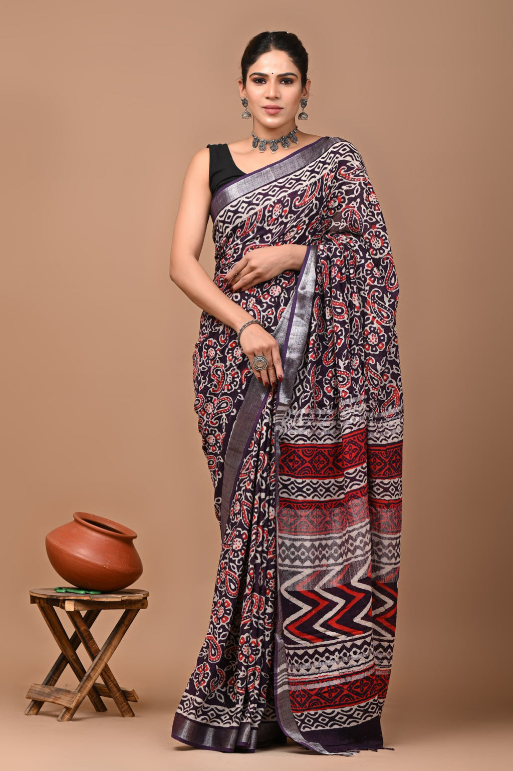 Multi colour pure linen cotton saree with bagru handblock printed work