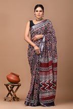 Multi colour pure linen cotton saree with bagru handblock printed work