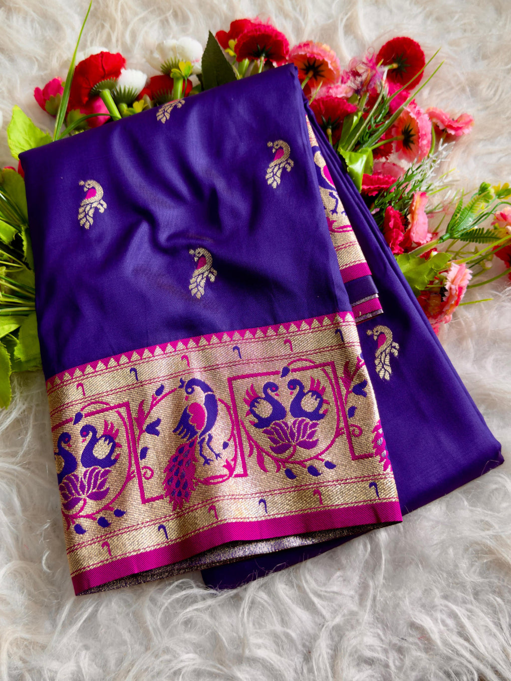 Violet traditional paithani silk saree with peacock zari weaving work