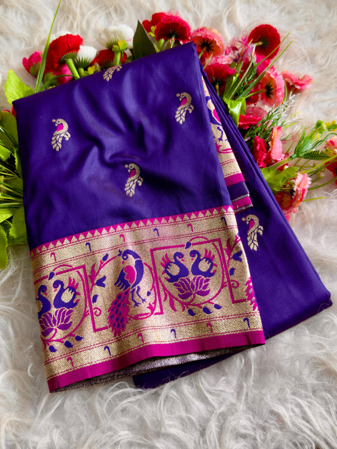 Violet traditional paithani silk saree with peacock zari weaving work