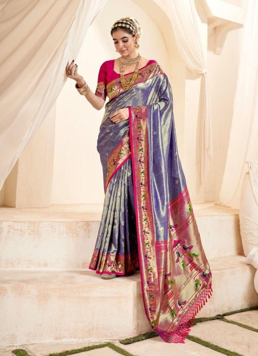 Royal blue soft tissue paithani silk saree with zari weaving work