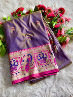 Lavender traditional paithani silk saree with peacock zari weaving work
