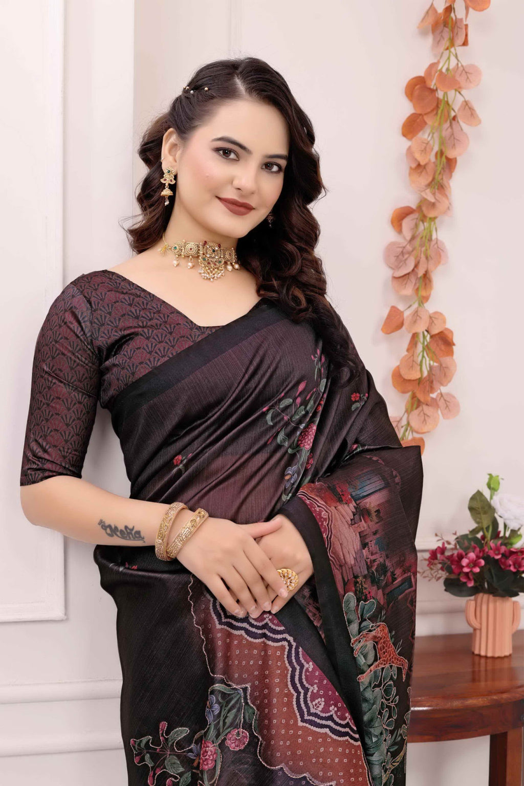 Brown kalamkari printed premium tussar silk saree