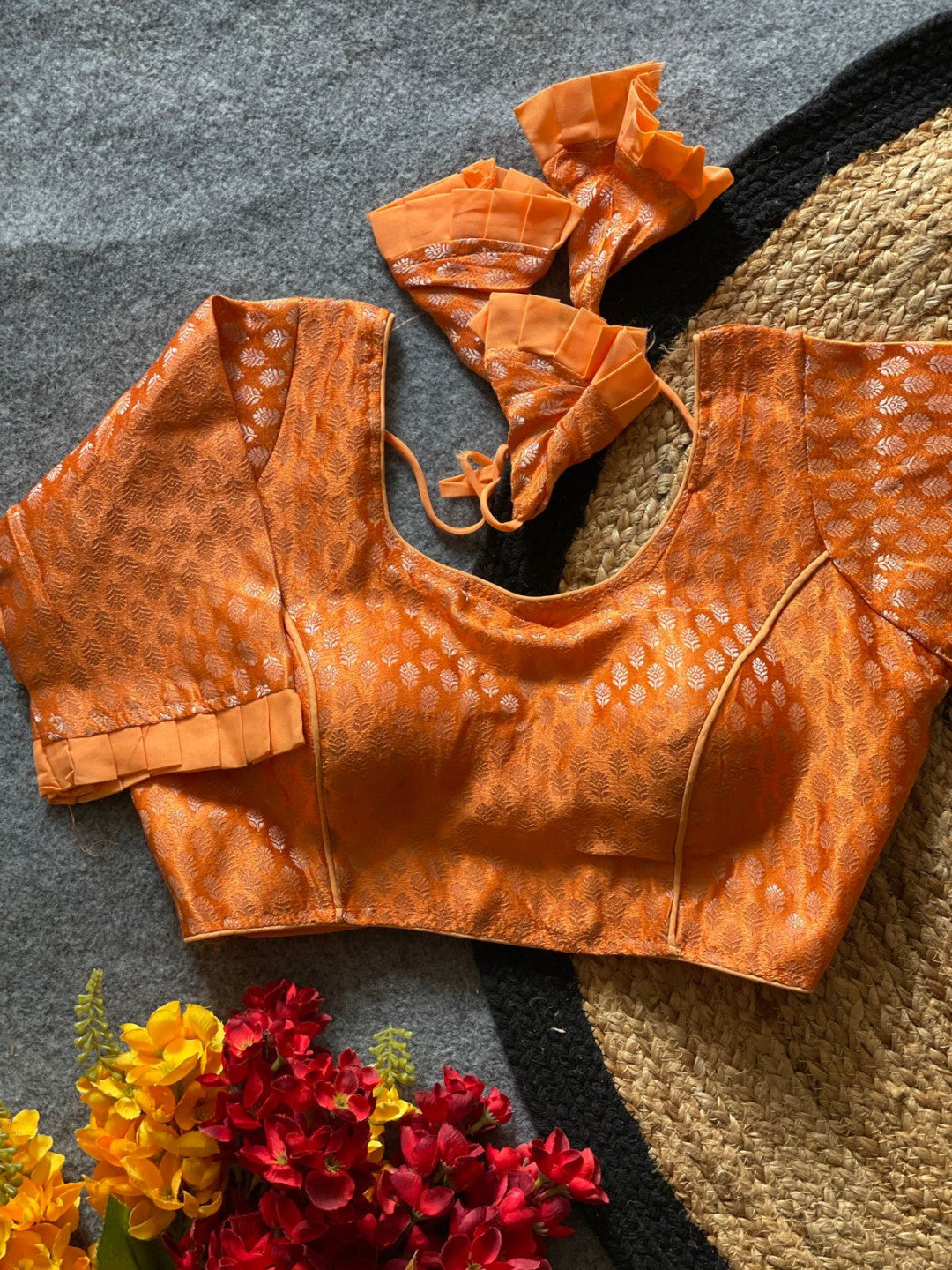 Orange katan banarasi readymade blouse with zari weaving work