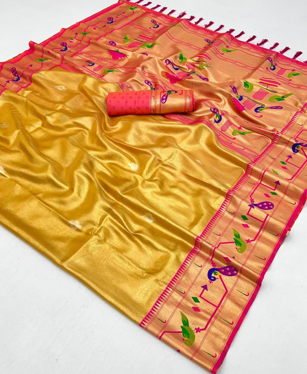 Yellow soft tissue paithani silk saree with zari weaving work
