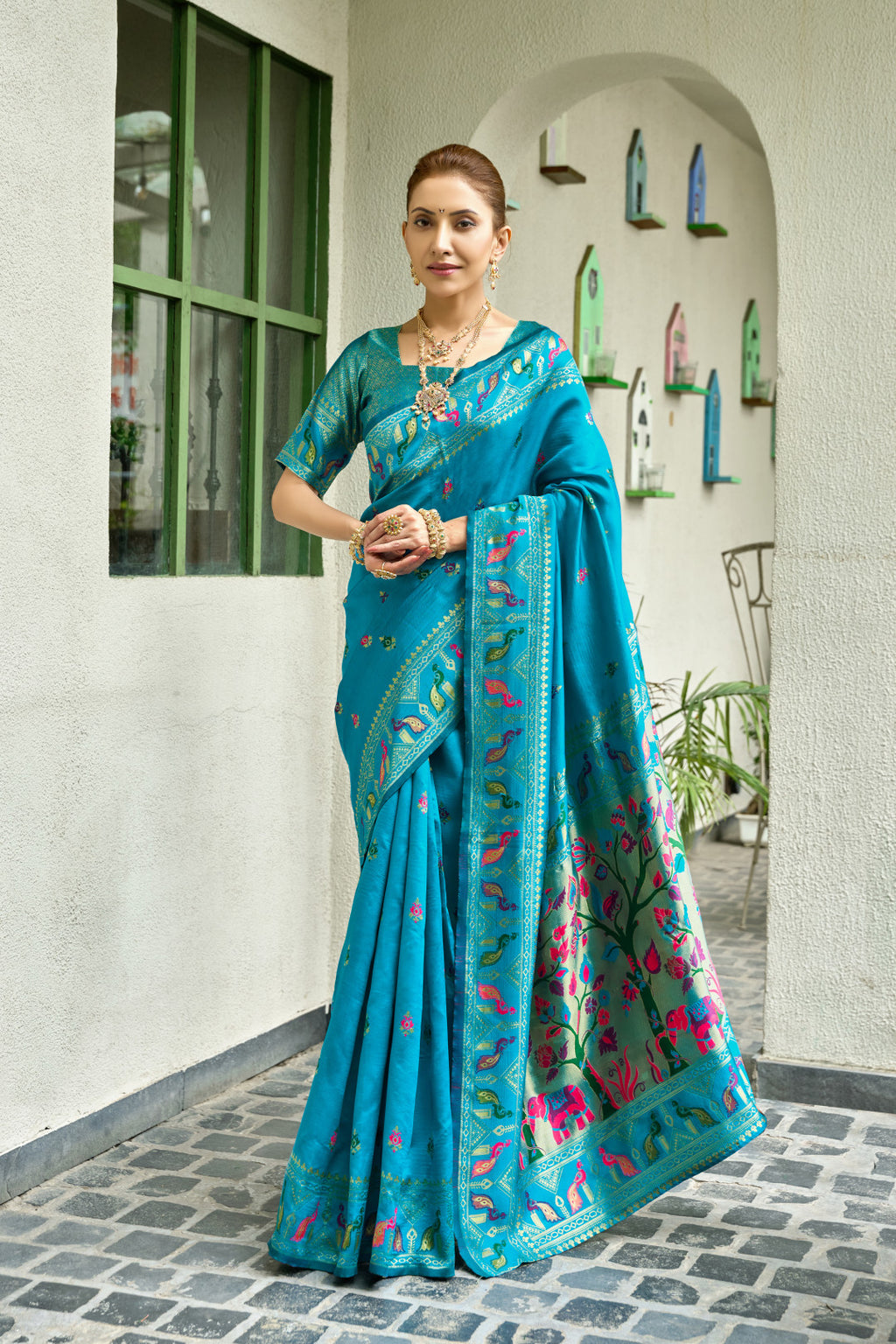 Traditional firoji paithani silk saree with zari weaving work