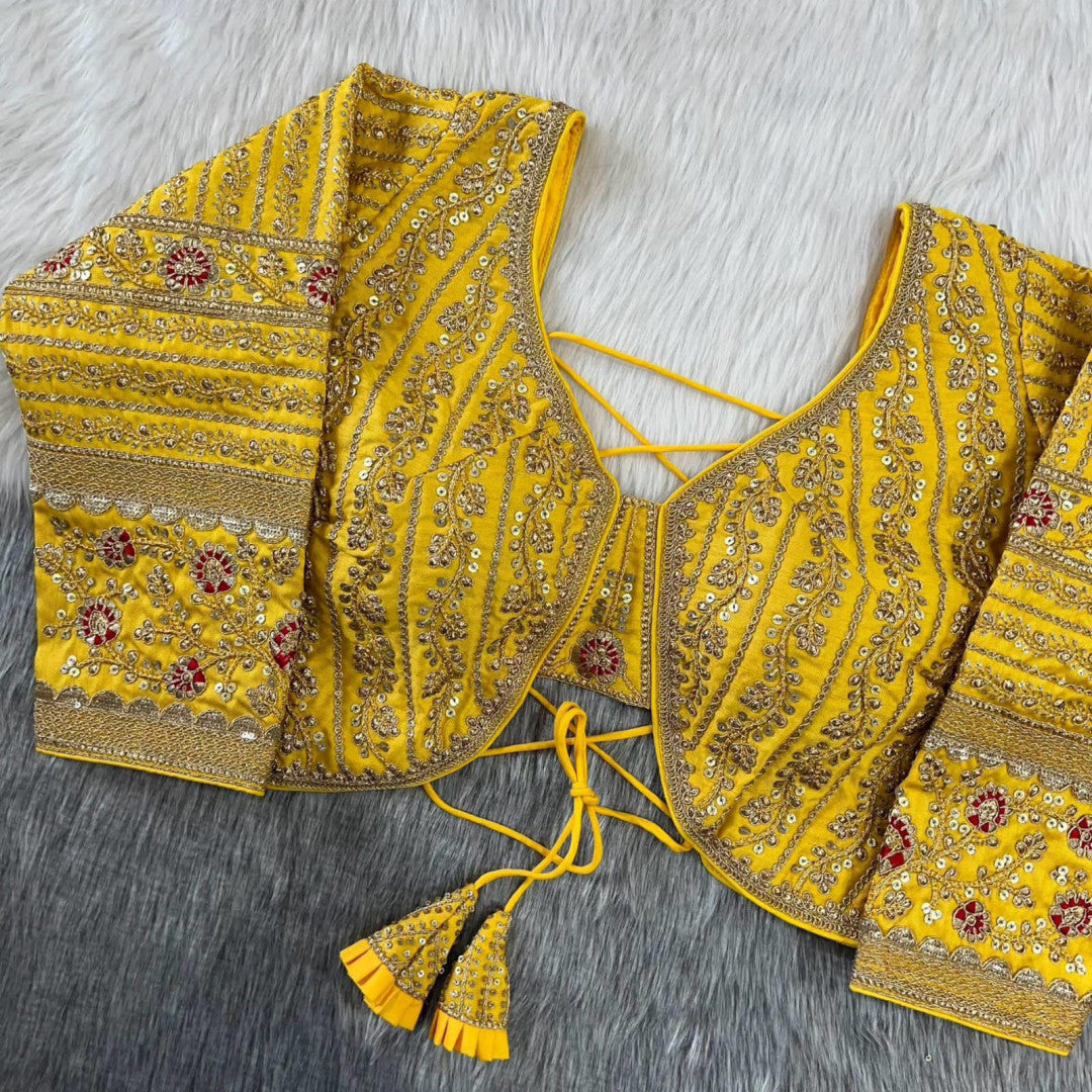 Yellow zari weaving embroidery & sequence work designer readymade blouse