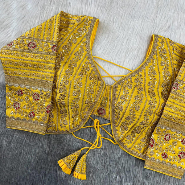 Yellow zari weaving embroidery & sequence work designer readymade blouse