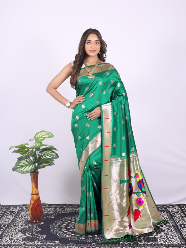 Green color paithani silk saree with zari weaving work