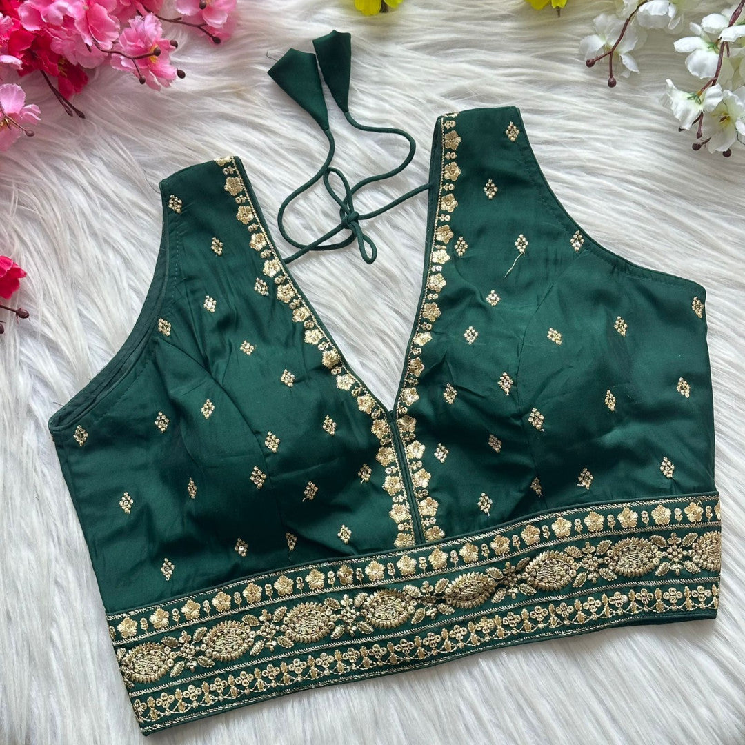 Green heavy roman silk readymade blouse with embroidery and sequence work