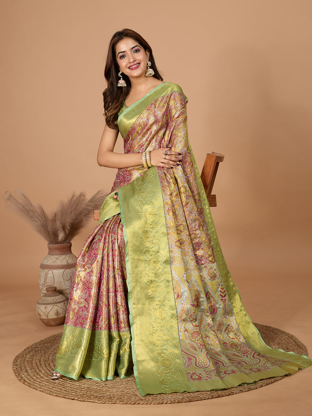 Pista green kanjivaram silk saree with zari weaving work