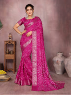 Pink colour hand bandhej bandhani saree with zari weaving work