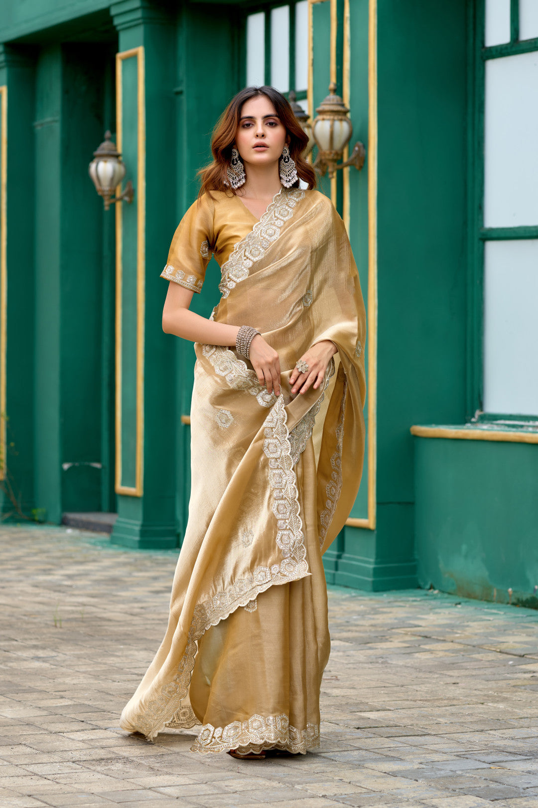 Beige fancy shimmer chiffon saree with embroidery work