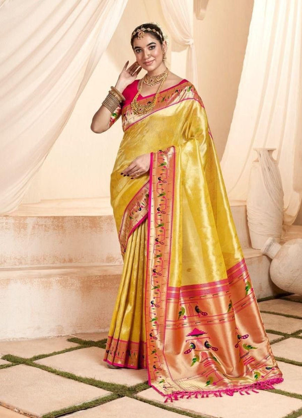 Yellow soft tissue paithani silk saree with zari weaving work