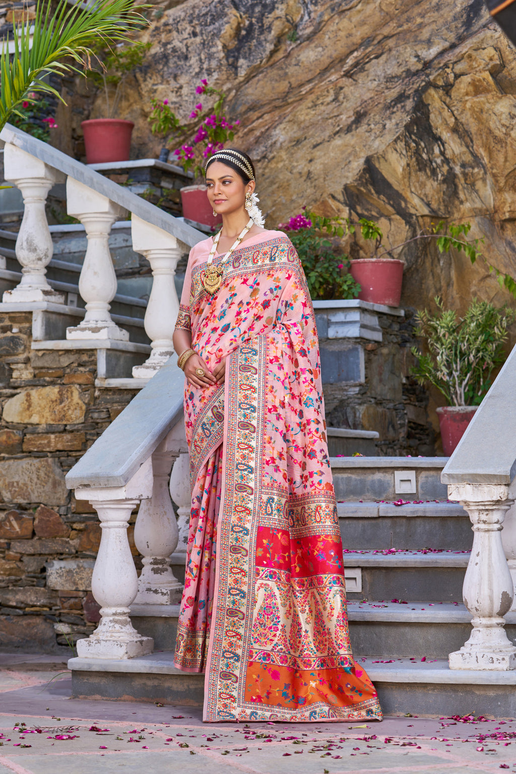 Baby pink color banarasi silk saree with zari weaving work