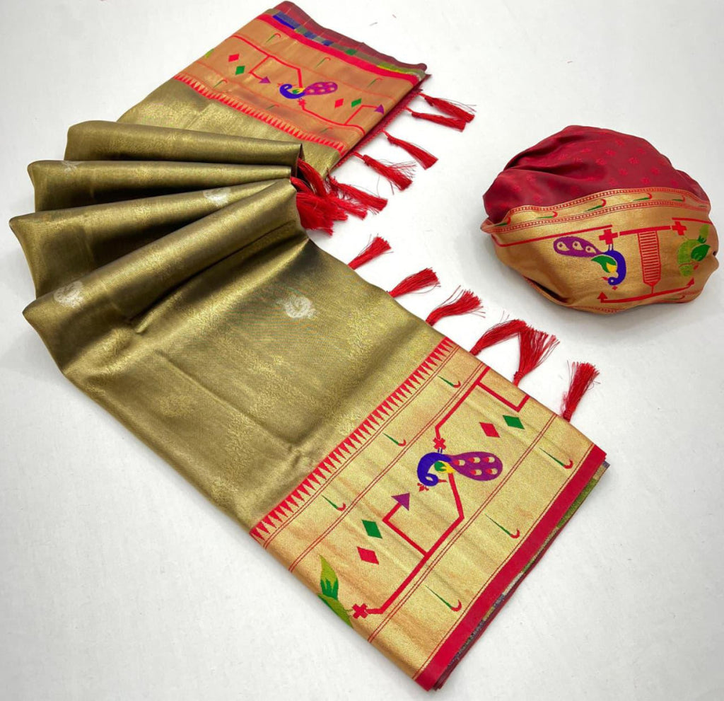 Mahendi green soft tissue paithani silk saree with zari weaving work