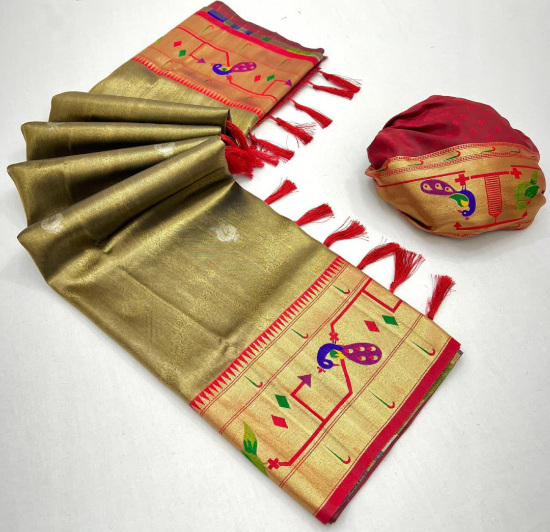 Mahendi green soft tissue paithani silk saree with zari weaving work