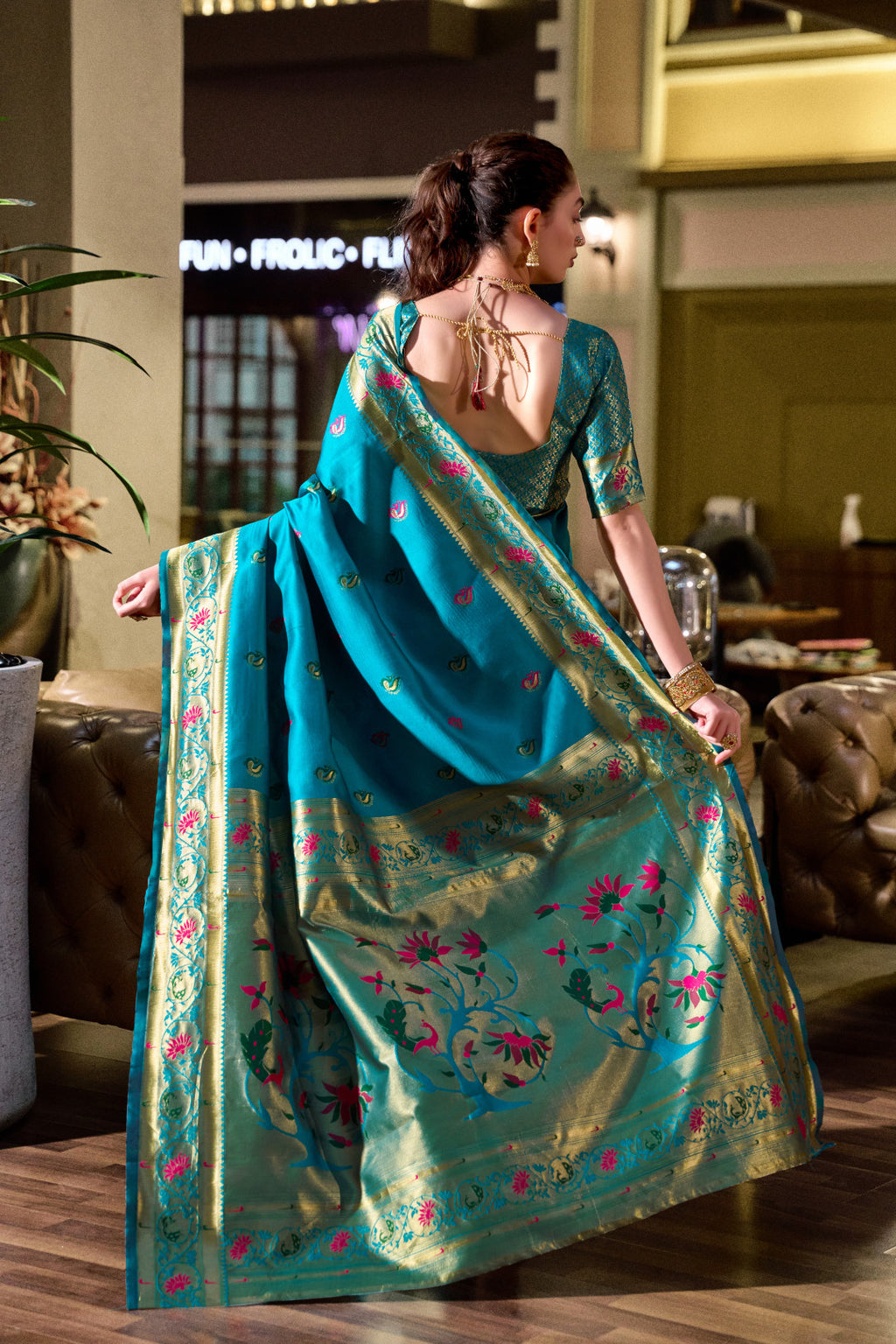 Traditional firoji paithani silk saree with zari weaving work