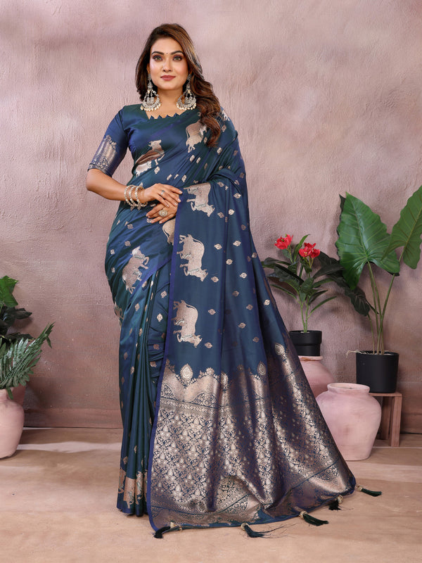 Teal blue traditional banarasi silk saree with zari weaving work