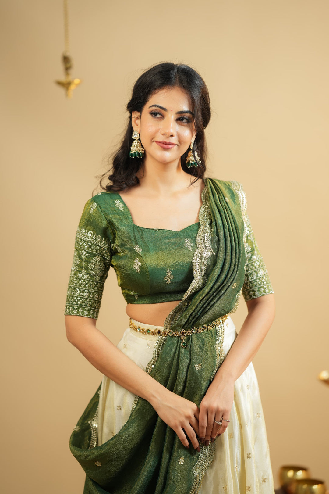 Off white Pure Crepe Silk Lehenga with 5 Meter Flair & Shimmer Silk Blouse