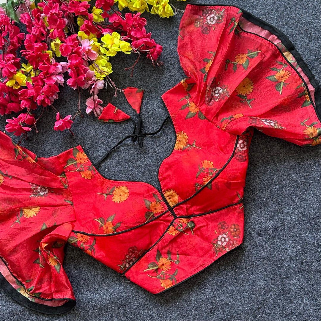 Red pure organza readymade blouse with printed work