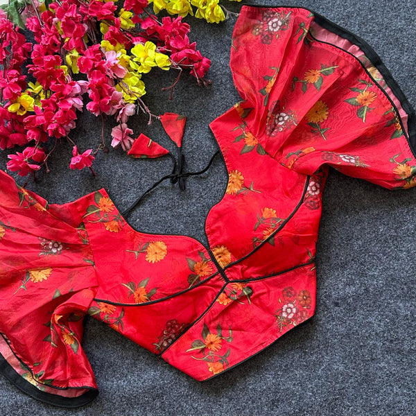 Red pure organza readymade blouse with printed work