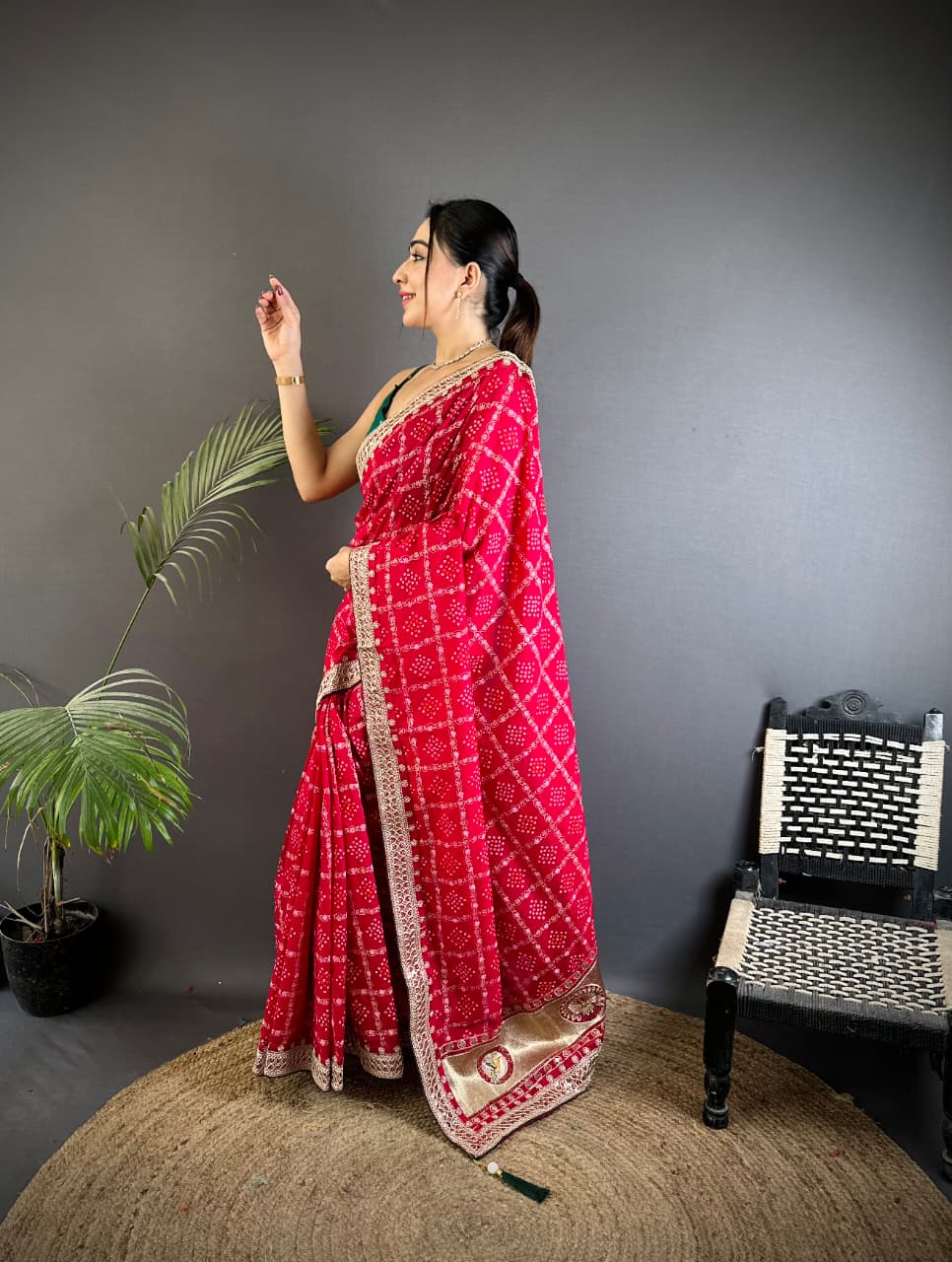 Rani pink traditional blooming vichitra khadi bandhej silk saree with sequence work