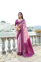 Pink color soft tussar silk saree with zari weaving work