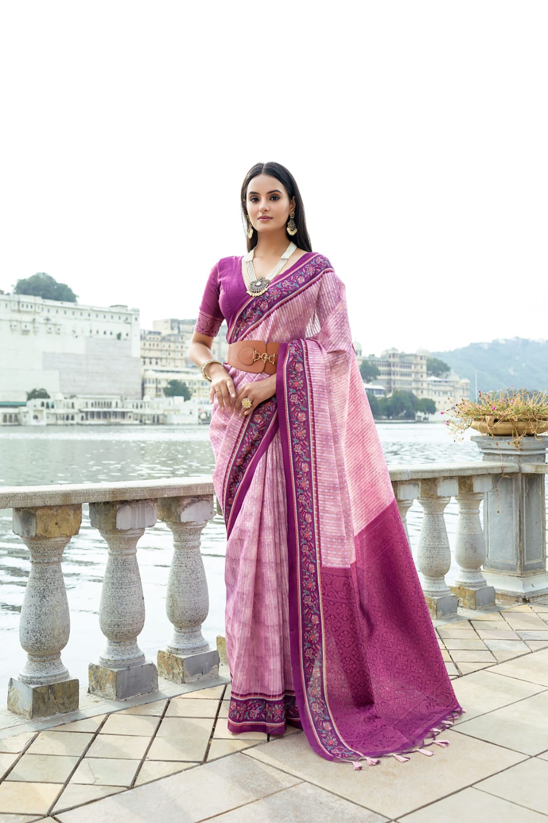Pink color soft tussar silk saree with zari weaving work