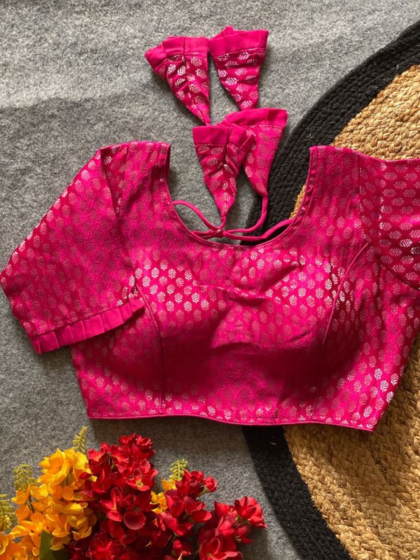 Pink katan banarasi readymade blouse with zari weaving work