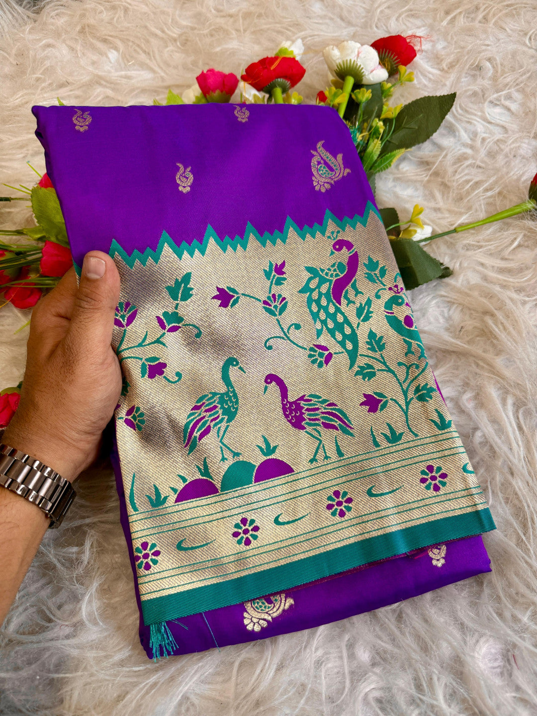 Purple traditional paithani silk saree with peacock zari weaving work