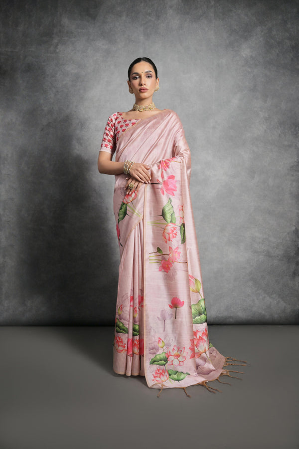 Pink color soft tussar silk saree with lotus floral printed work