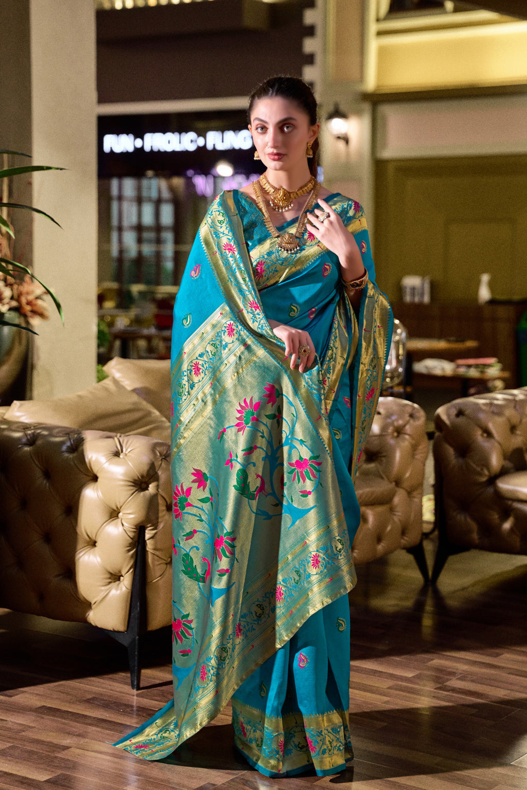 Traditional firoji paithani silk saree with zari weaving work